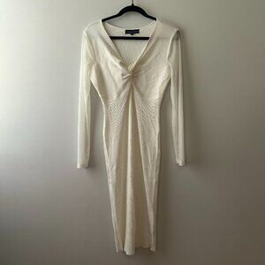 Chic White Midi Dress w/ Mesh Sleeves, Size L
